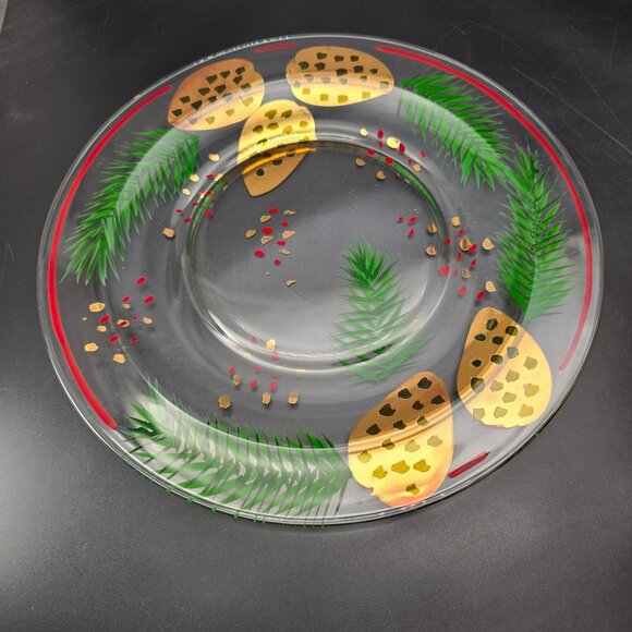 Holiday Hand-Painted Glass Serving Plate With Pinecone & Evergreen Design CM2202 - Picture 5 of 5